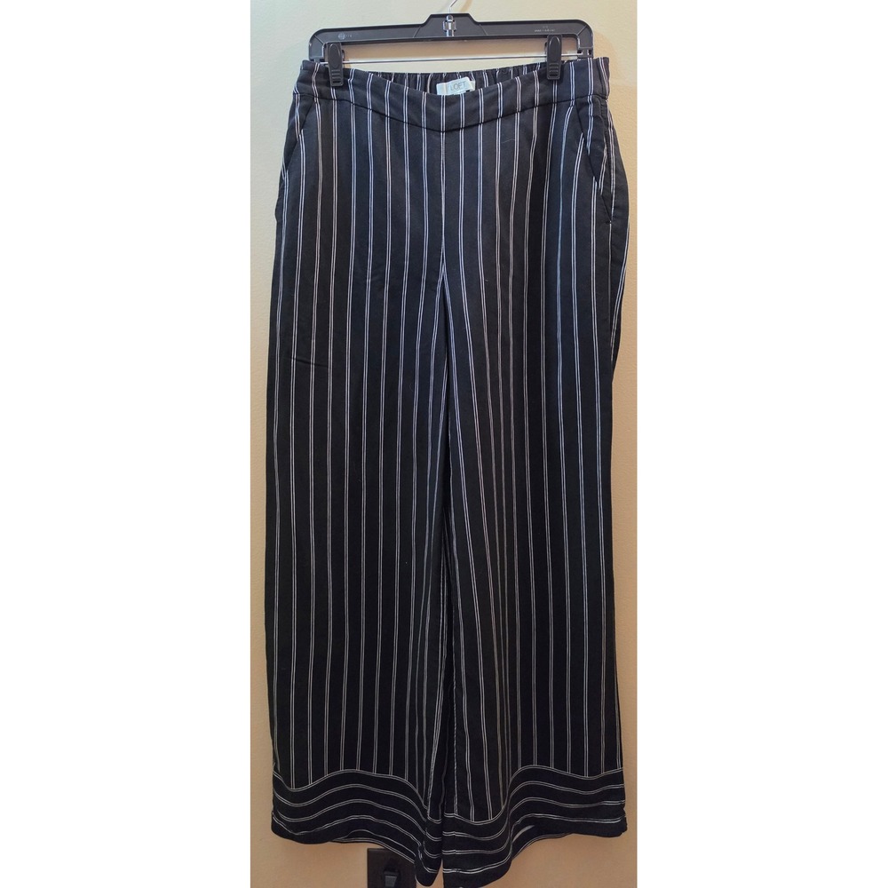LOFT Black White Striped Wide Leg Pants Women Medium Elastic Waist Pockets Rayon